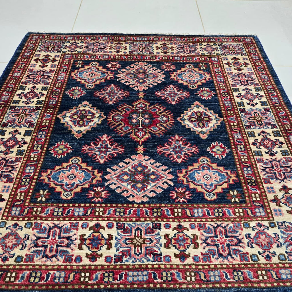 3.5x3.5 Blue Super Kazak Geometric Area Rug | Handmade Wool & Cotton Rug