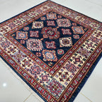 3.5x3.5 Blue Super Kazak Geometric Area Rug | Handmade Wool & Cotton Rug