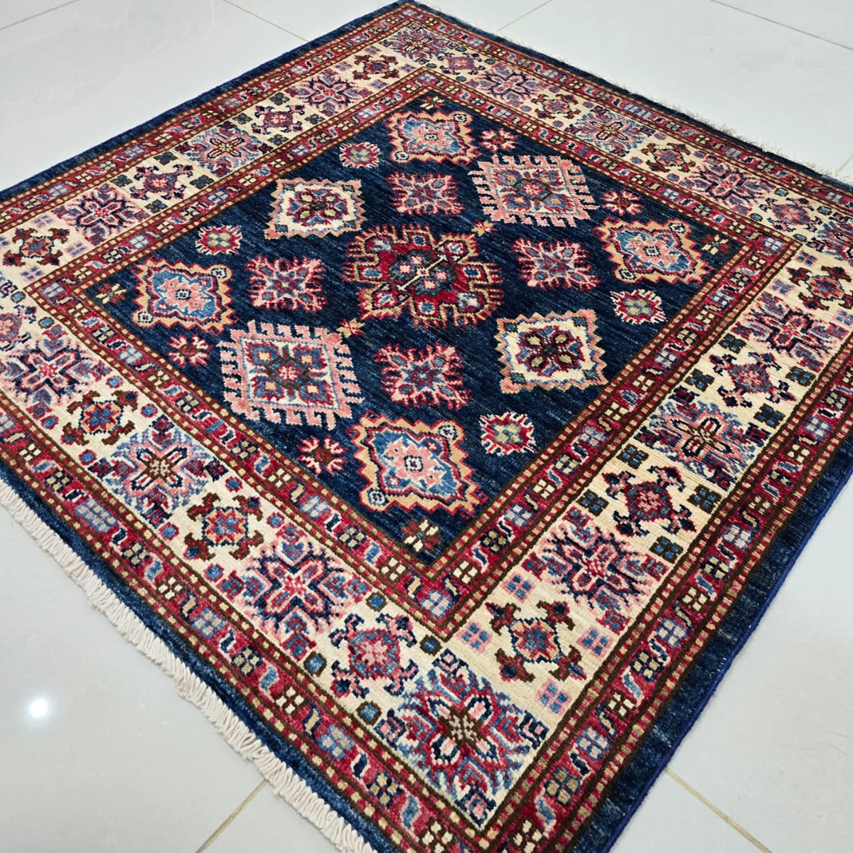 3.5x3.5 Blue Super Kazak Geometric Area Rug | Handmade Wool & Cotton Rug