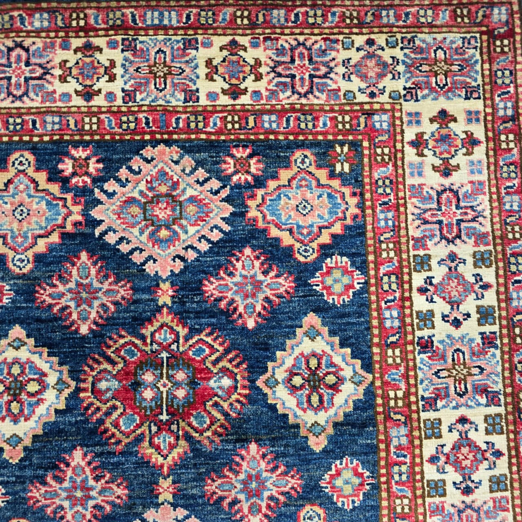 3.5x3.5 Blue Super Kazak Geometric Area Rug | Handmade Wool & Cotton Rug