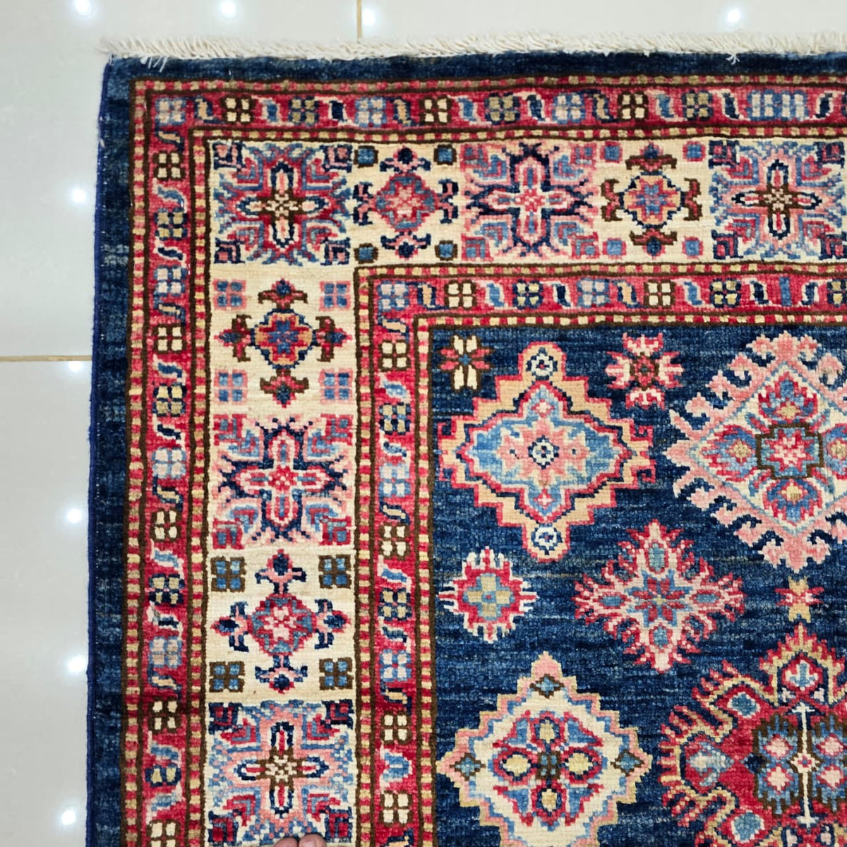 3.5x3.5 Blue Super Kazak Geometric Area Rug | Handmade Wool & Cotton Rug