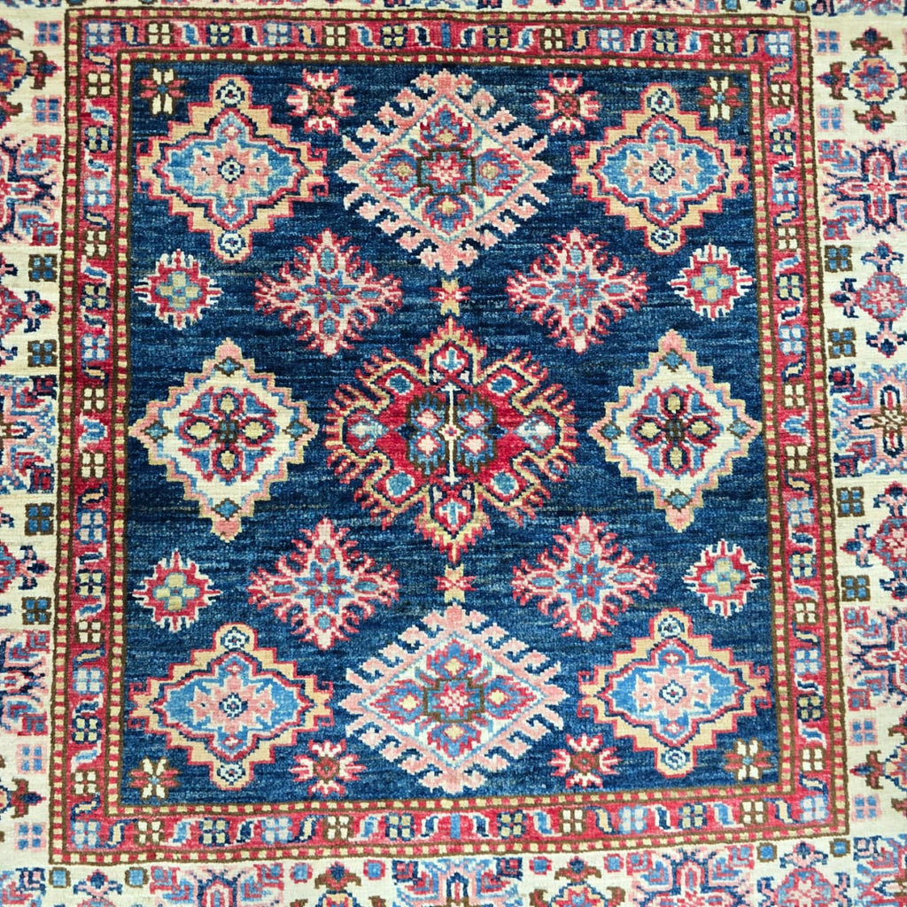 3.5x3.5 Blue Super Kazak Geometric Area Rug | Handmade Wool & Cotton Rug