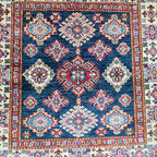 3.5x3.5 Blue Super Kazak Geometric Area Rug | Handmade Wool & Cotton Rug