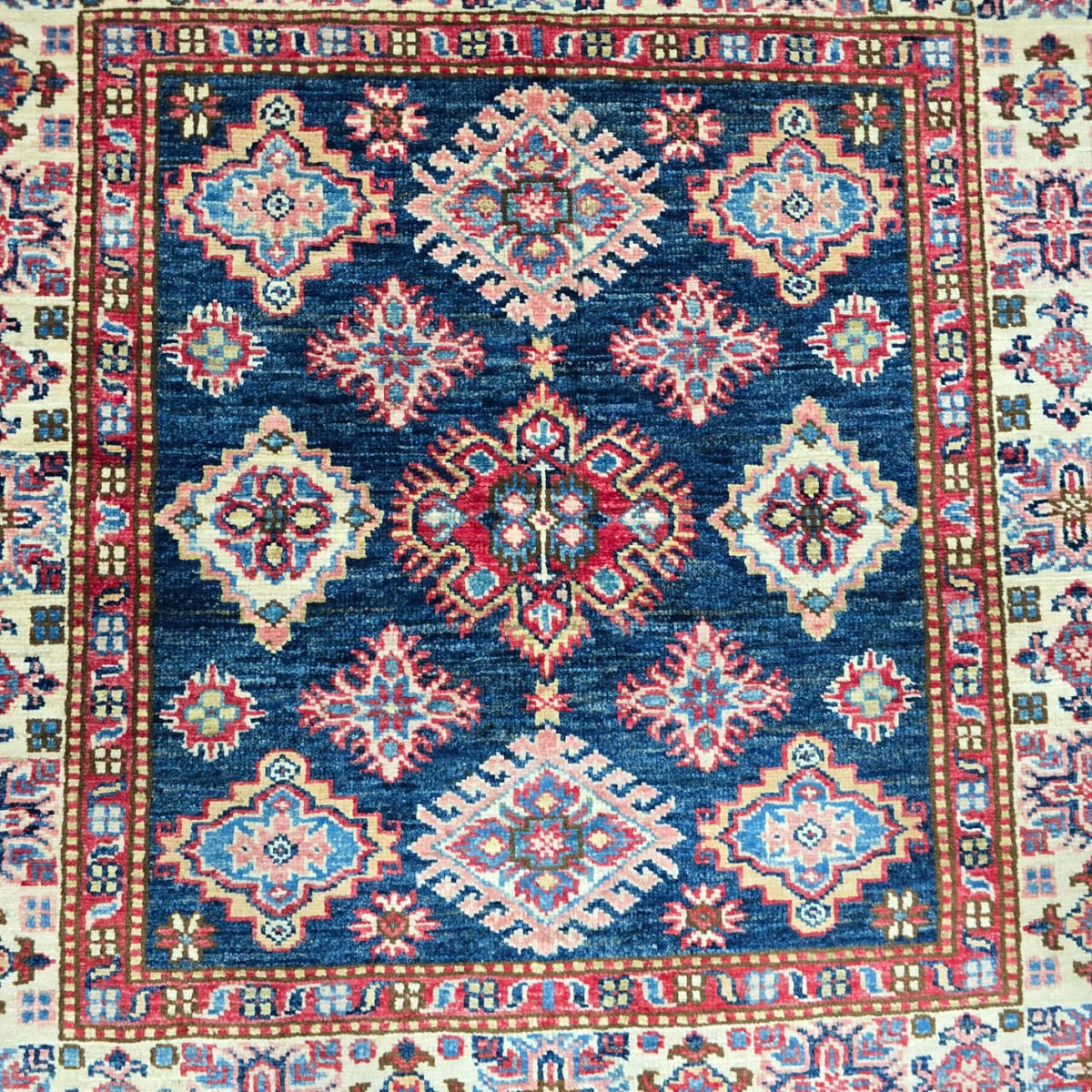 3.5x3.5 Blue Super Kazak Geometric Area Rug | Handmade Wool & Cotton Rug