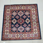 3.5x3.5 Blue Super Kazak Geometric Area Rug | Handmade Wool & Cotton Rug