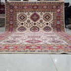 5.5x8 Beige Super Kazak Geometric Area Rug | Handmade Wool & Cotton Rug