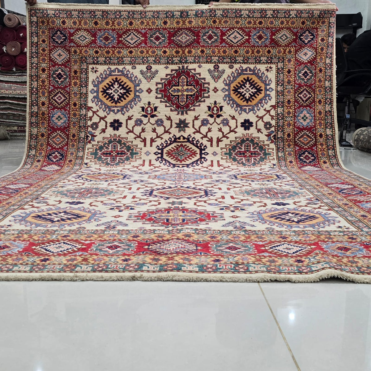 5.5x8 Beige Super Kazak Geometric Area Rug | Handmade Wool & Cotton Rug