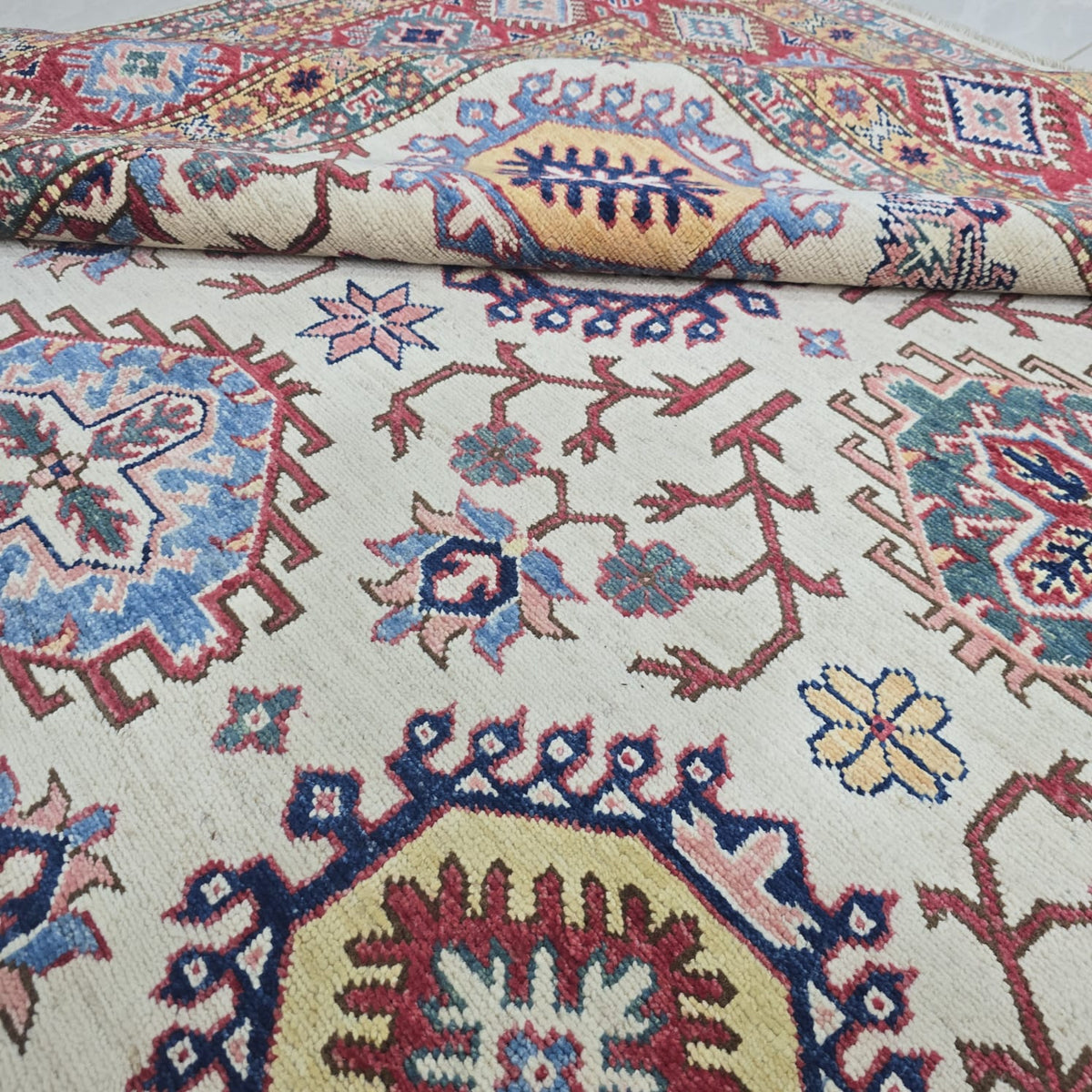 5.5x8 Beige Super Kazak Geometric Area Rug | Handmade Wool & Cotton Rug