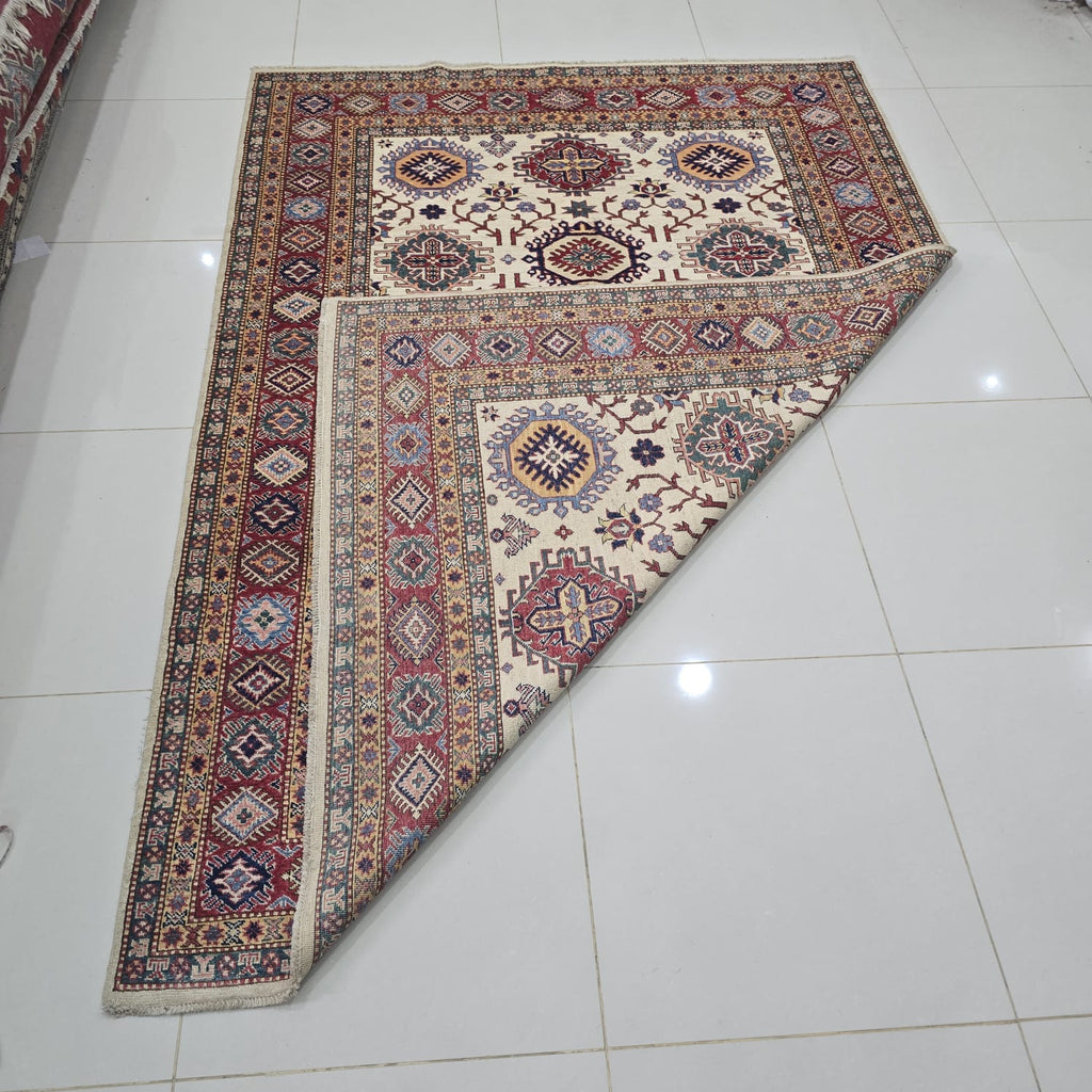5.5x8 Beige Super Kazak Geometric Area Rug | Handmade Wool & Cotton Rug