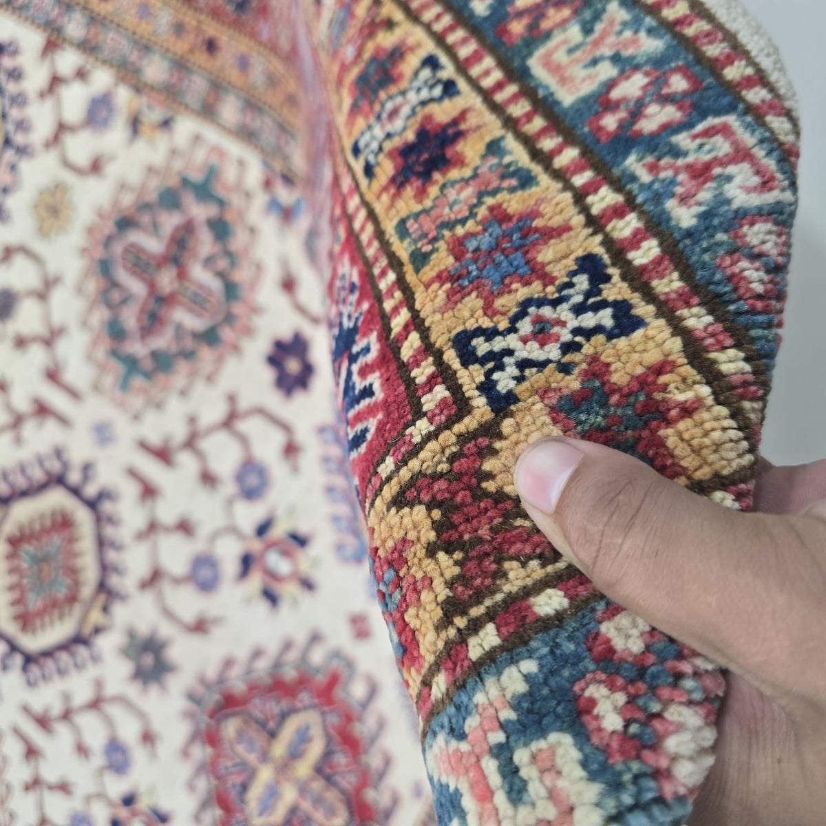 5.5x8 Beige Super Kazak Geometric Area Rug | Handmade Wool & Cotton Rug
