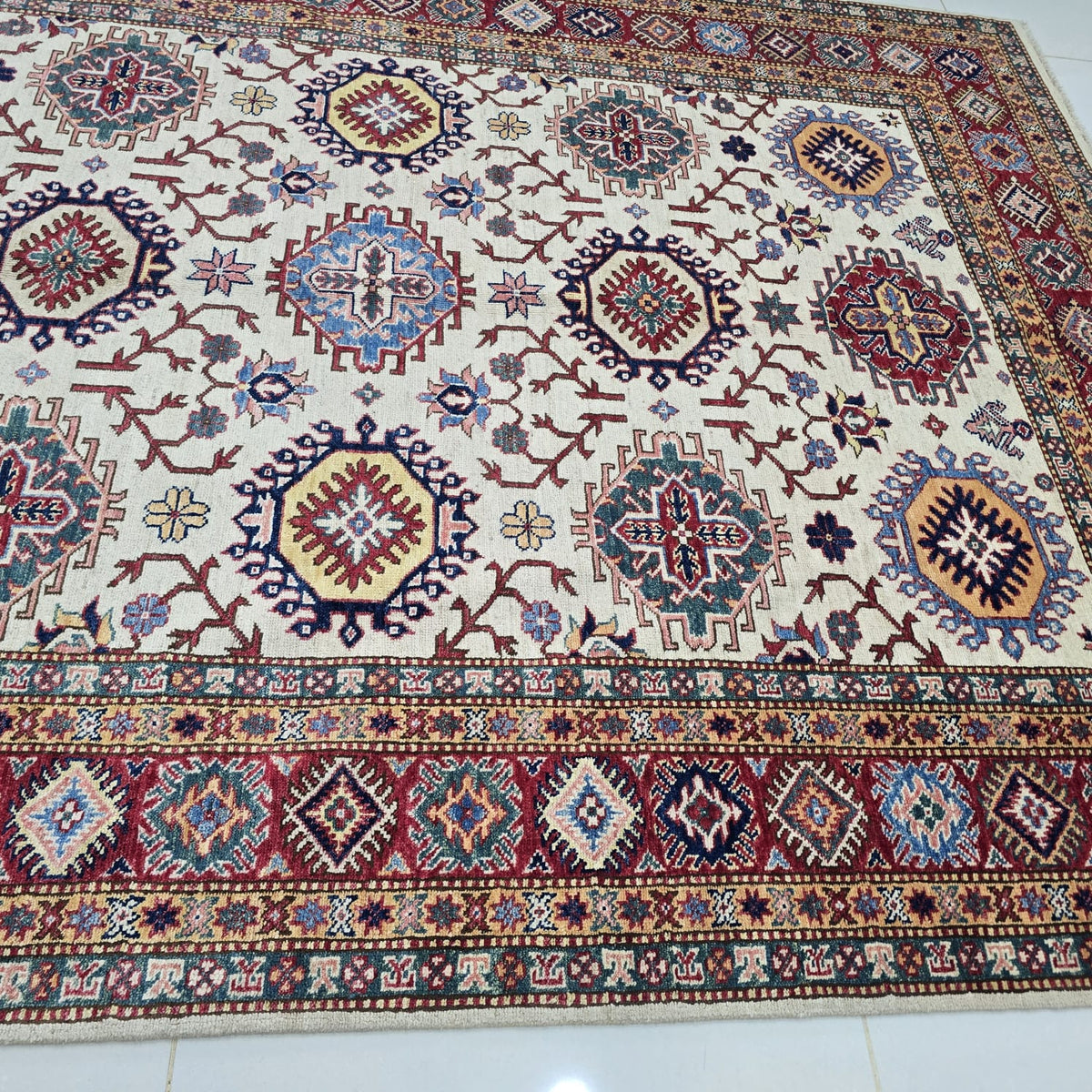 5.5x8 Beige Super Kazak Geometric Area Rug | Handmade Wool & Cotton Rug