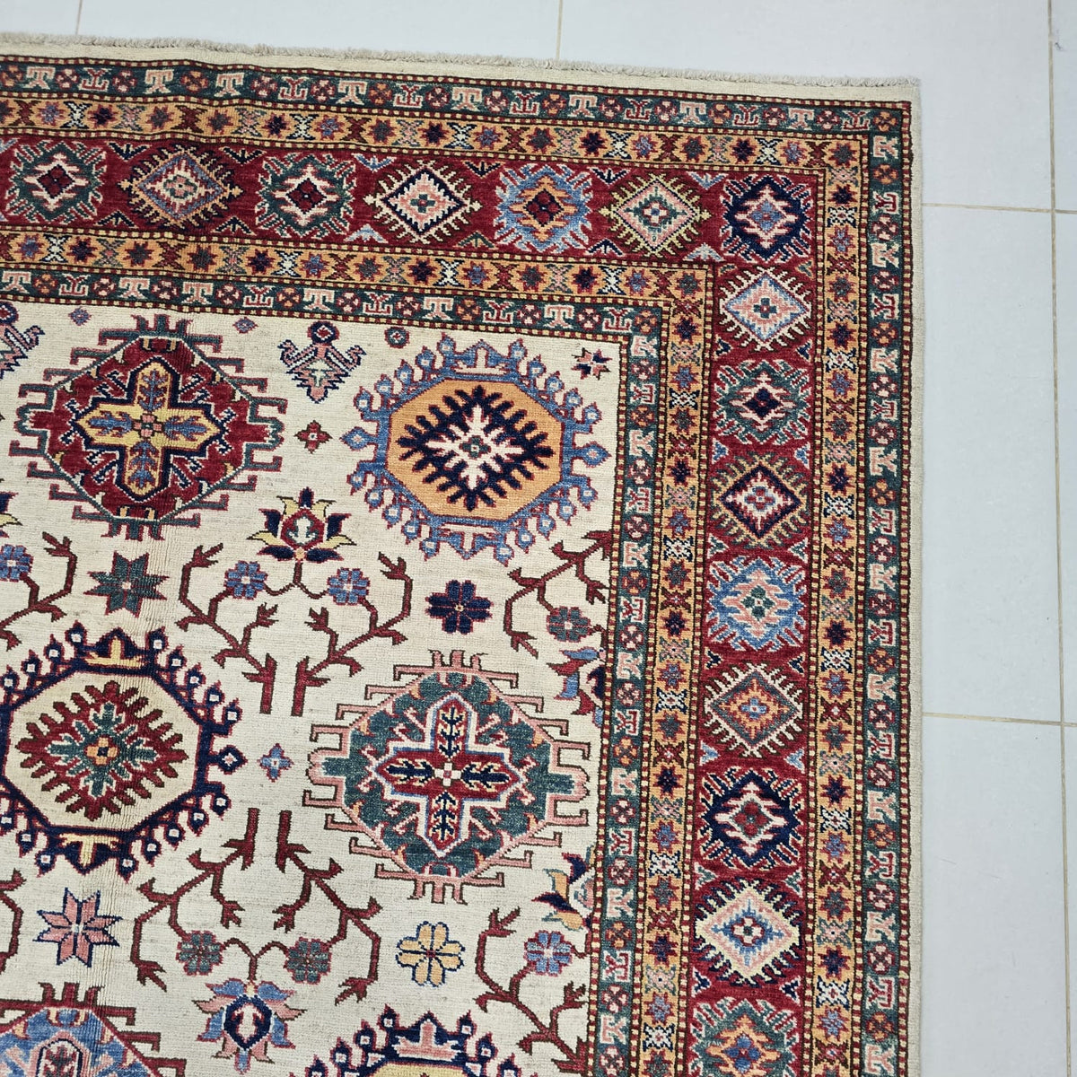 5.5x8 Beige Super Kazak Geometric Area Rug | Handmade Wool & Cotton Rug