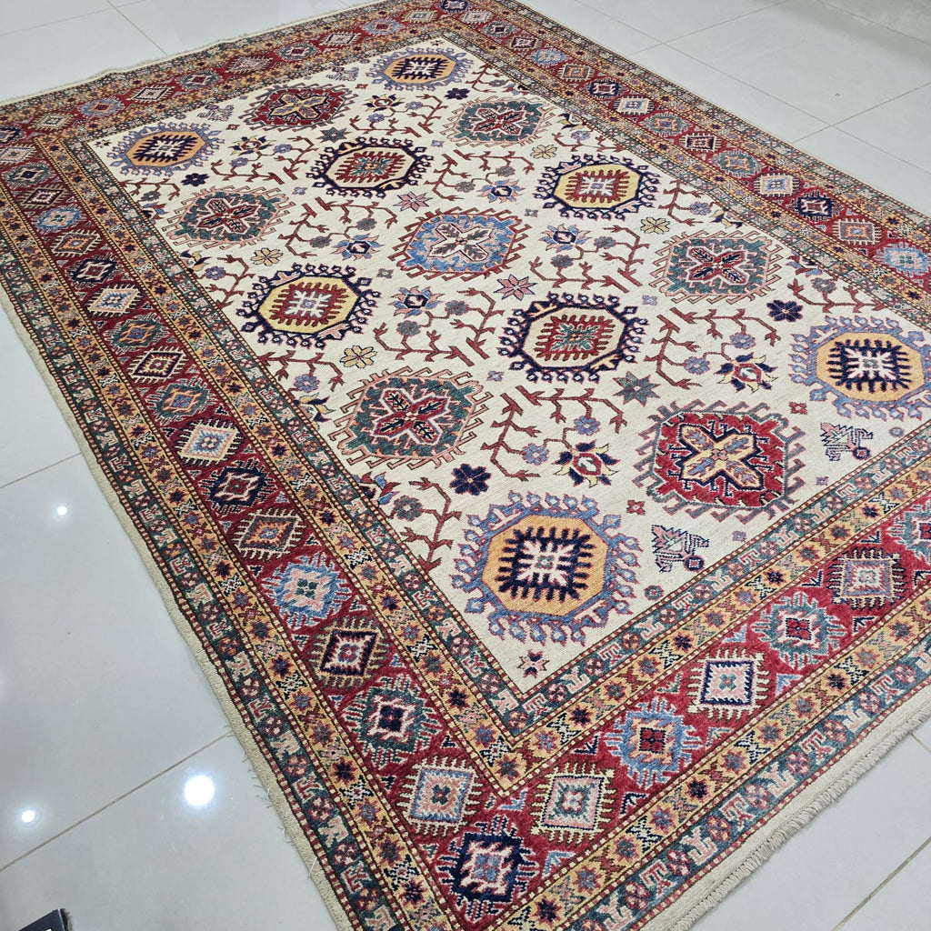 5.5x8 Beige Super Kazak Geometric Area Rug | Handmade Wool & Cotton Rug