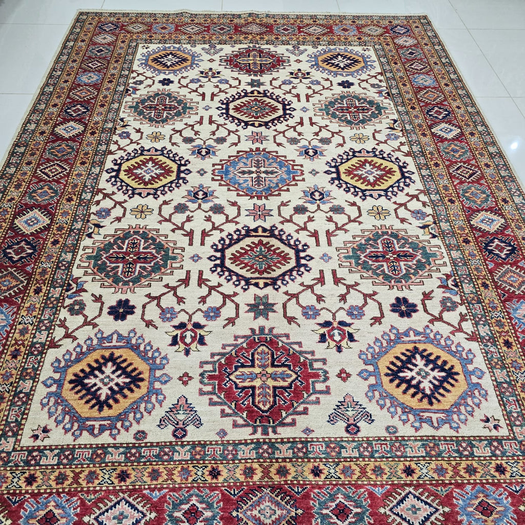 5.5x8 Beige Super Kazak Geometric Area Rug | Handmade Wool & Cotton Rug