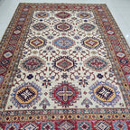 5.5x8 Beige Super Kazak Geometric Area Rug | Handmade Wool & Cotton Rug