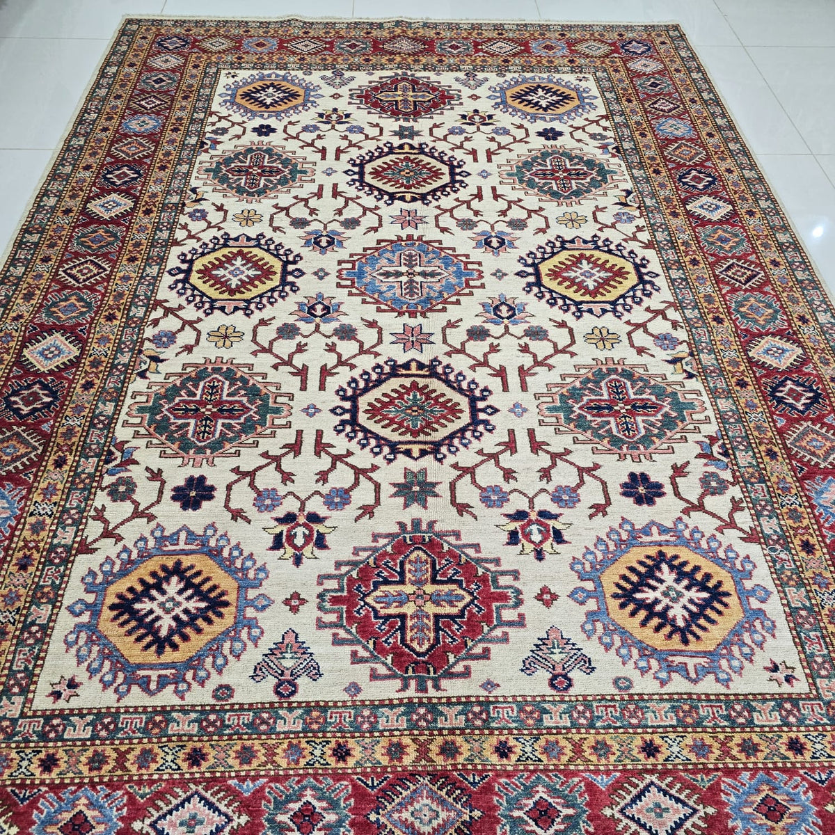 5.5x8 Beige Super Kazak Geometric Area Rug | Handmade Wool & Cotton Rug