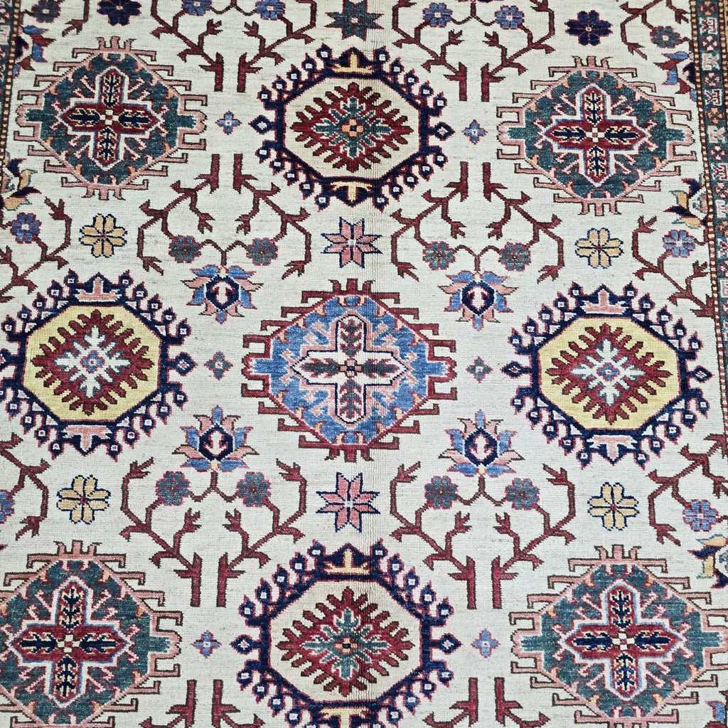 5.5x8 Beige Super Kazak Geometric Area Rug | Handmade Wool & Cotton Rug