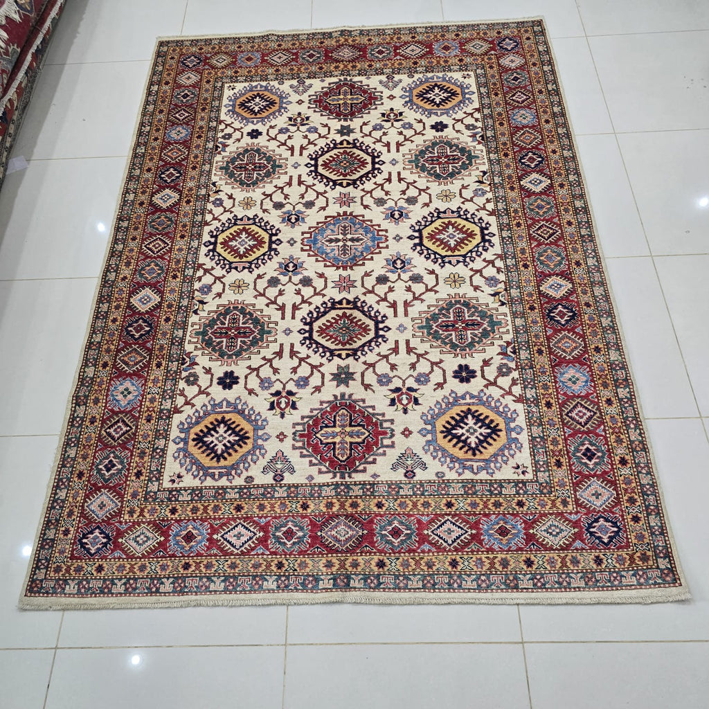 5.5x8 Beige Super Kazak Geometric Area Rug | Handmade Wool & Cotton Rug