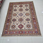 5.5x8 Beige Super Kazak Geometric Area Rug | Handmade Wool & Cotton Rug