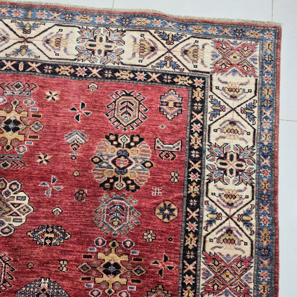 6x9 Red Super Kazak Geometric Area Rug | Handmade Wool & Cotton Rug