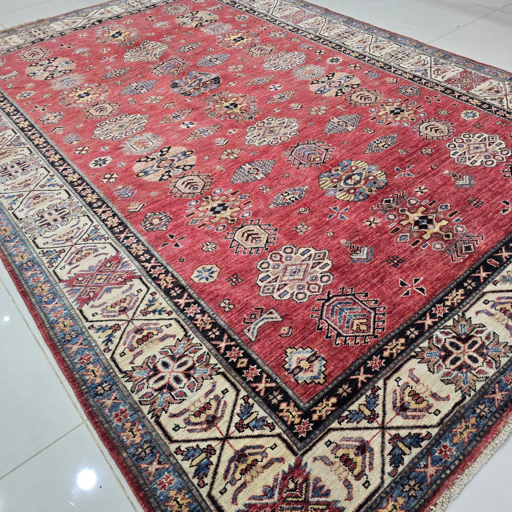 6x9 Red Super Kazak Geometric Area Rug | Handmade Wool & Cotton Rug