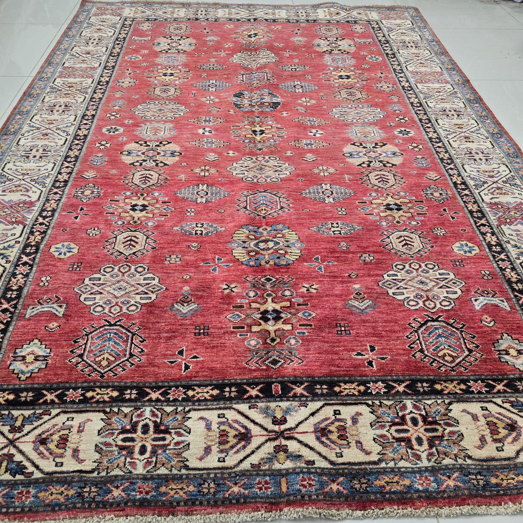 6x9 Red Super Kazak Geometric Area Rug | Handmade Wool & Cotton Rug