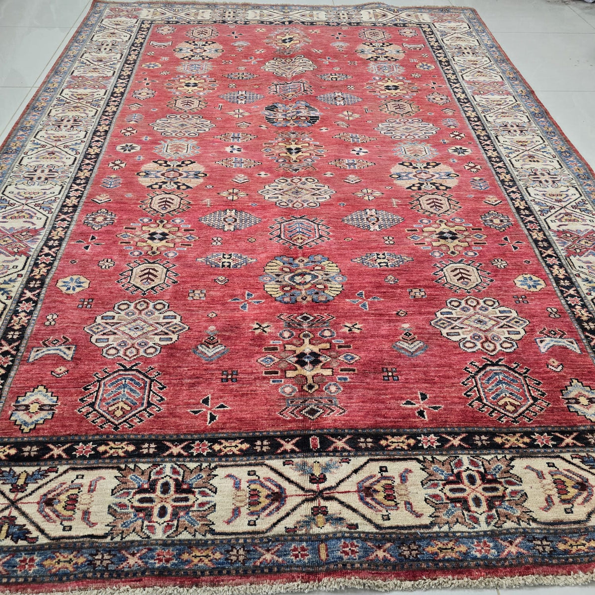6x9 Red Super Kazak Geometric Area Rug | Handmade Wool & Cotton Rug