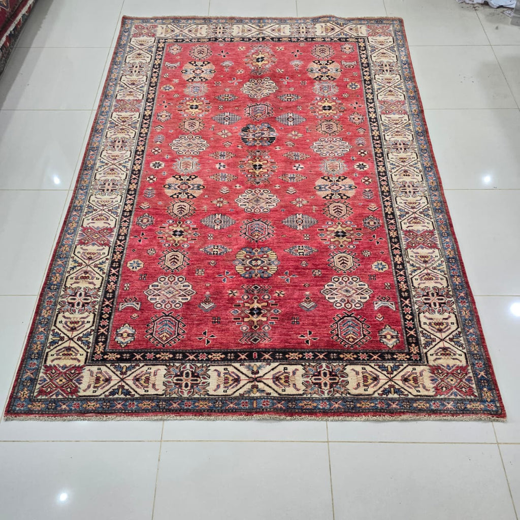 6x9 Red Super Kazak Geometric Area Rug | Handmade Wool & Cotton Rug