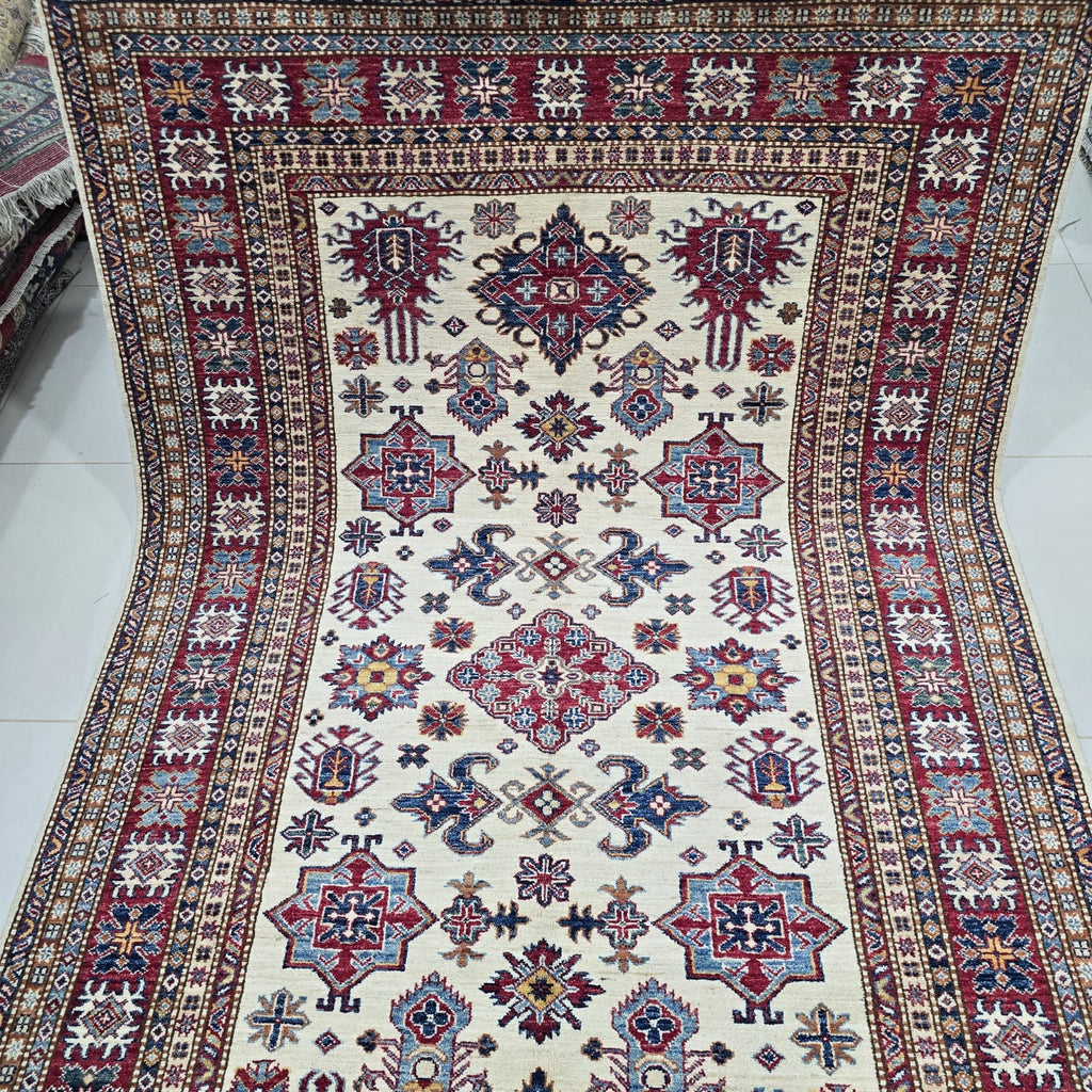 5.5x8 Beige Super Kazak Geometric Area Rug | Handmade Wool & Cotton Rug