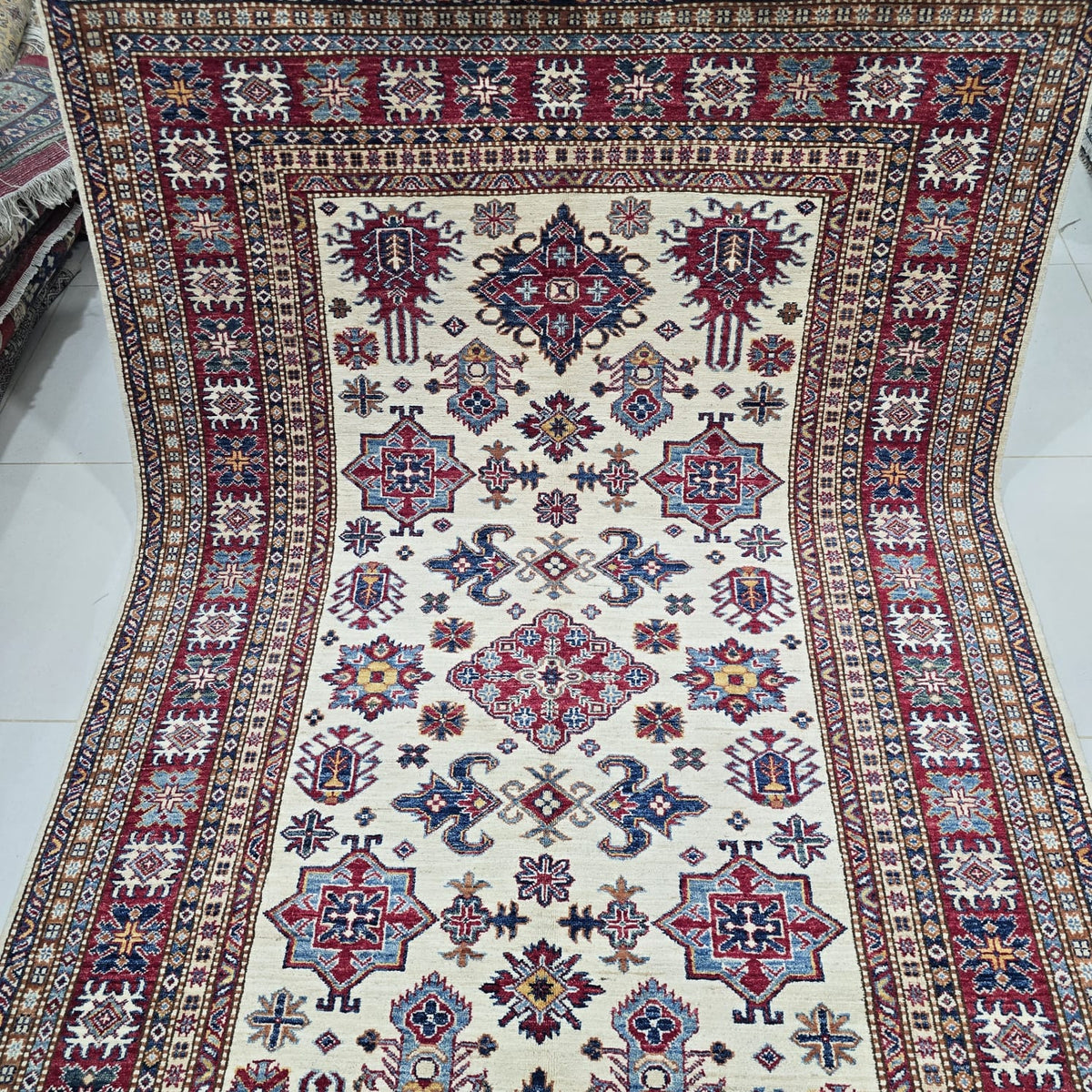 5.5x8 Beige Super Kazak Geometric Area Rug | Handmade Wool & Cotton Rug