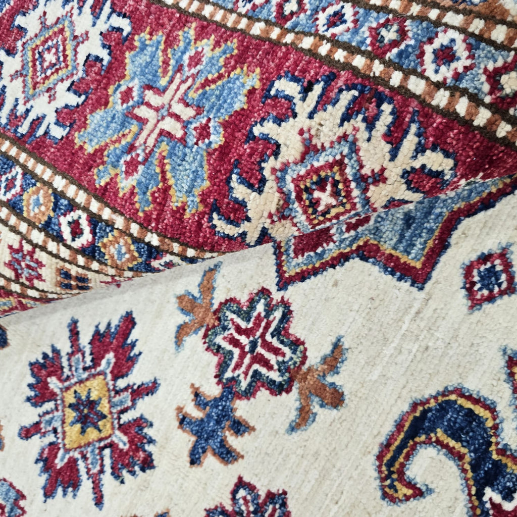 5.5x8 Beige Super Kazak Geometric Area Rug | Handmade Wool & Cotton Rug