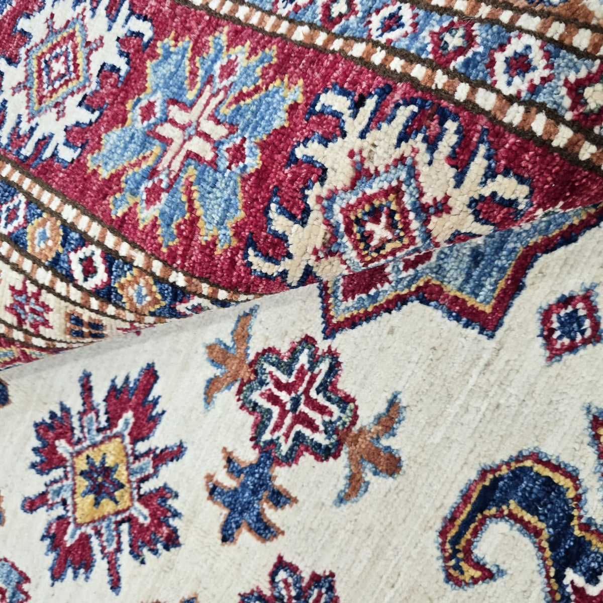 5.5x8 Beige Super Kazak Geometric Area Rug | Handmade Wool & Cotton Rug