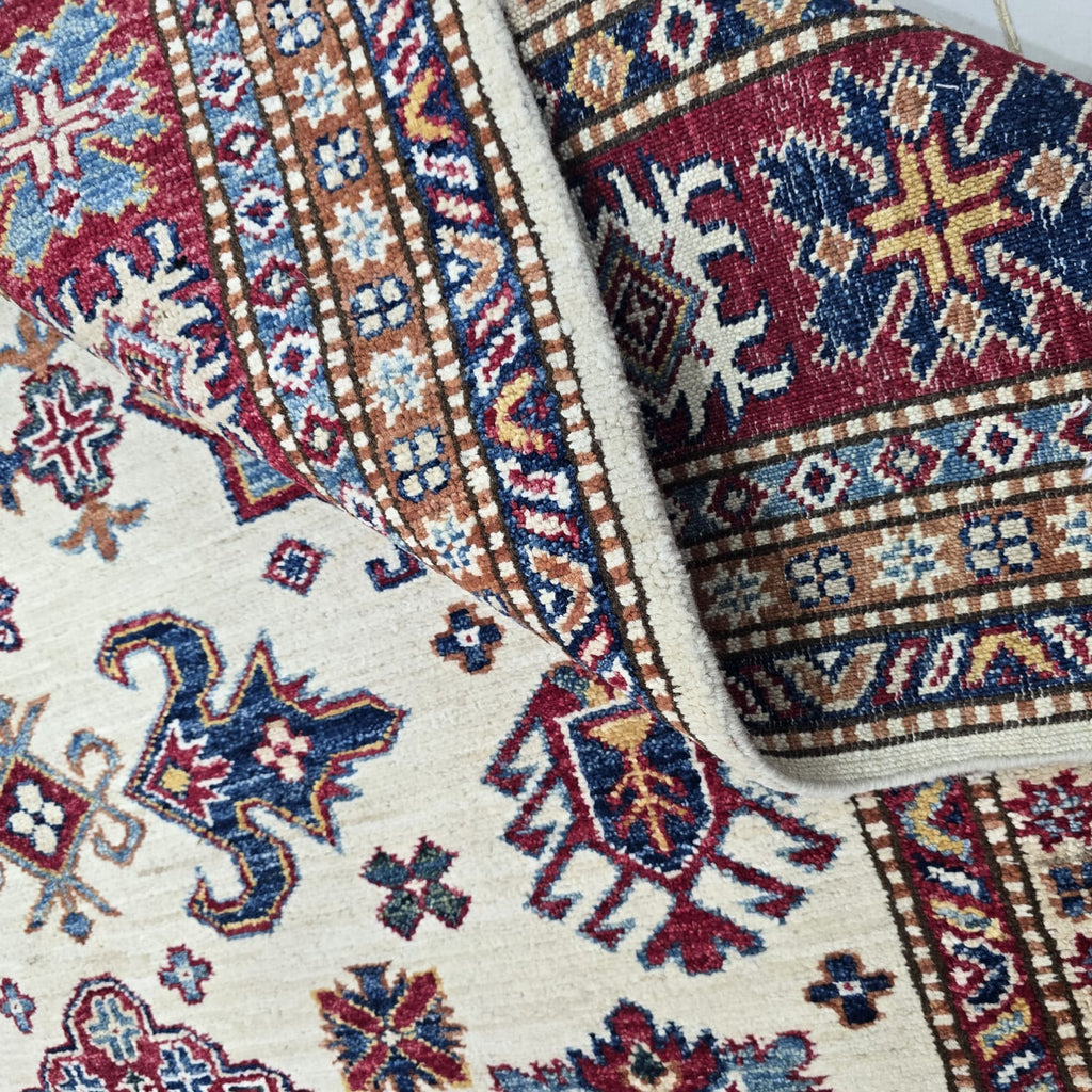 5.5x8 Beige Super Kazak Geometric Area Rug | Handmade Wool & Cotton Rug