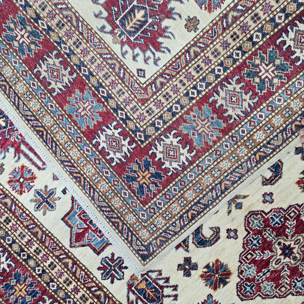5.5x8 Beige Super Kazak Geometric Area Rug | Handmade Wool & Cotton Rug