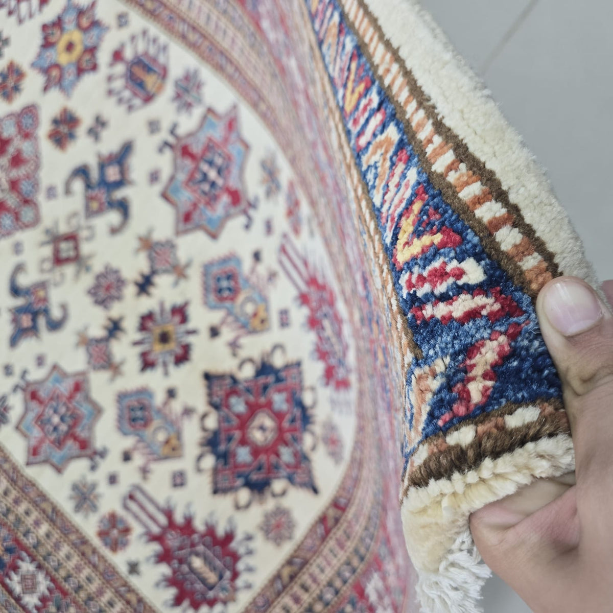 5.5x8 Beige Super Kazak Geometric Area Rug | Handmade Wool & Cotton Rug
