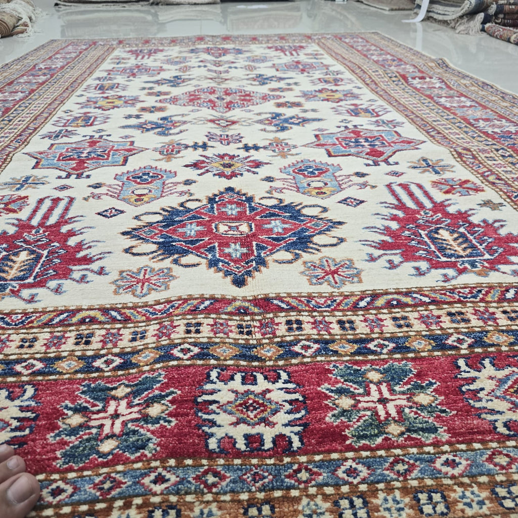 5.5x8 Beige Super Kazak Geometric Area Rug | Handmade Wool & Cotton Rug