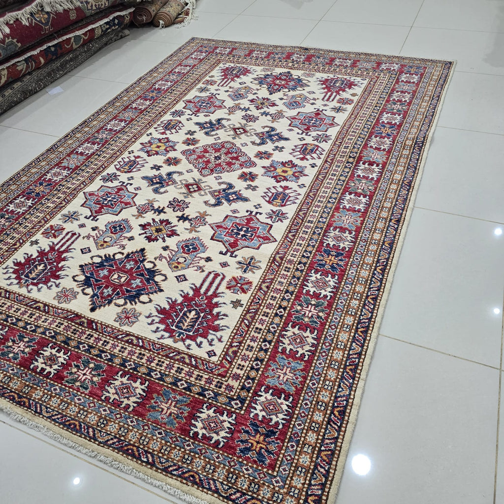 5.5x8 Beige Super Kazak Geometric Area Rug | Handmade Wool & Cotton Rug