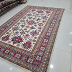 5.5x8 Beige Super Kazak Geometric Area Rug | Handmade Wool & Cotton Rug