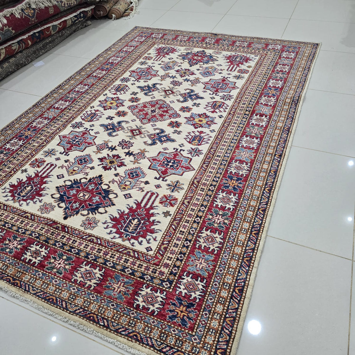 5.5x8 Beige Super Kazak Geometric Area Rug | Handmade Wool & Cotton Rug