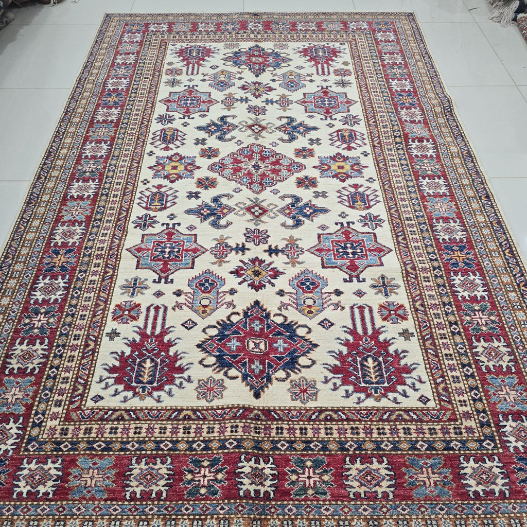 5.5x8 Beige Super Kazak Geometric Area Rug | Handmade Wool & Cotton Rug