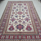 5.5x8 Beige Super Kazak Geometric Area Rug | Handmade Wool & Cotton Rug