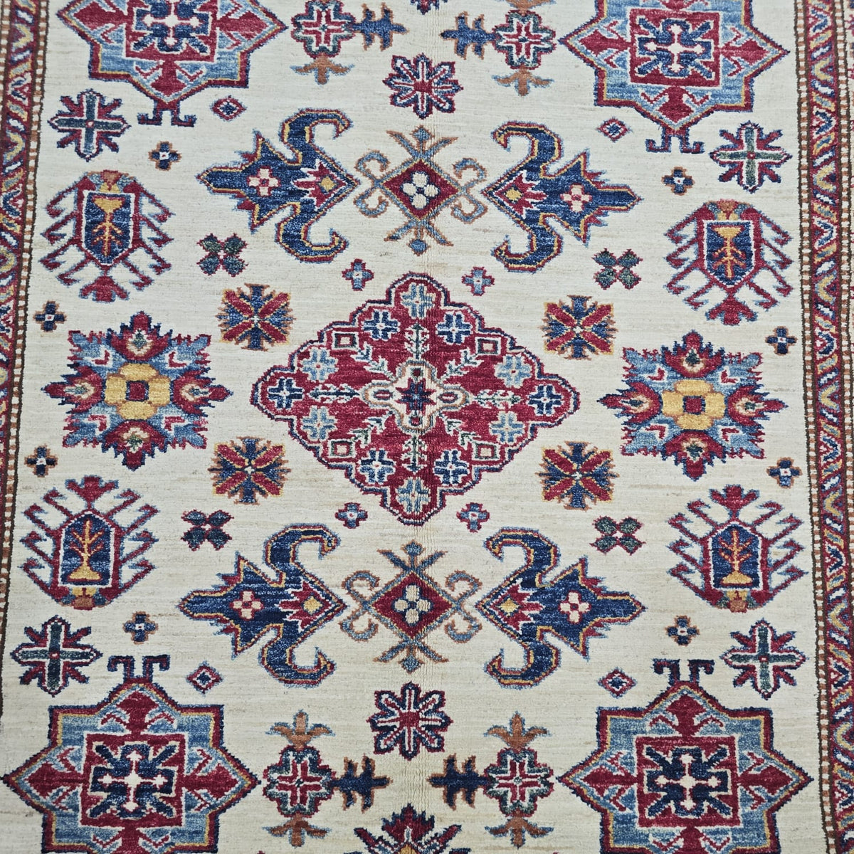 5.5x8 Beige Super Kazak Geometric Area Rug | Handmade Wool & Cotton Rug