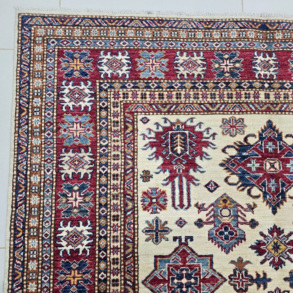 5.5x8 Beige Super Kazak Geometric Area Rug | Handmade Wool & Cotton Rug