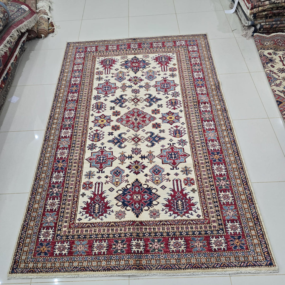 5.5x8 Beige Super Kazak Geometric Area Rug | Handmade Wool & Cotton Rug