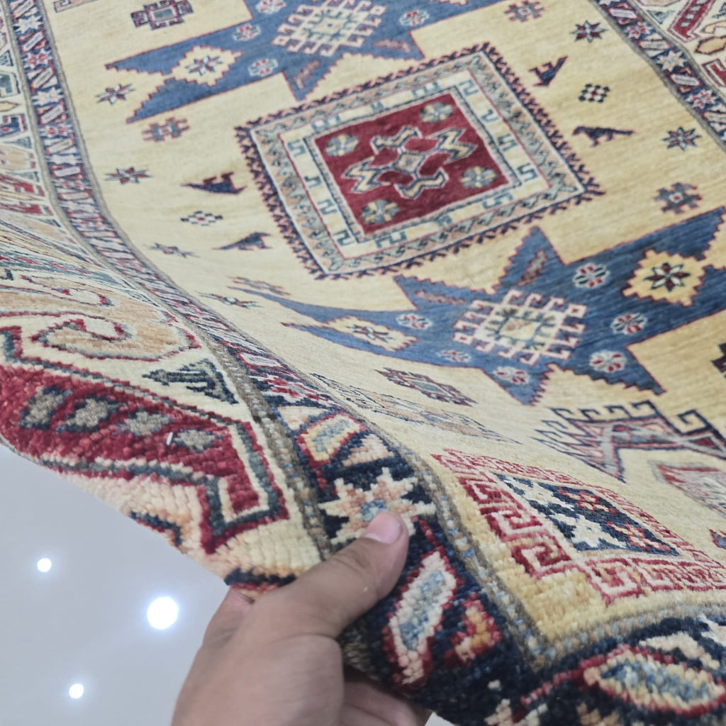 4x6 Golden Super Kazak Geometric Area Rug | Handmade Wool & Cotton Rug