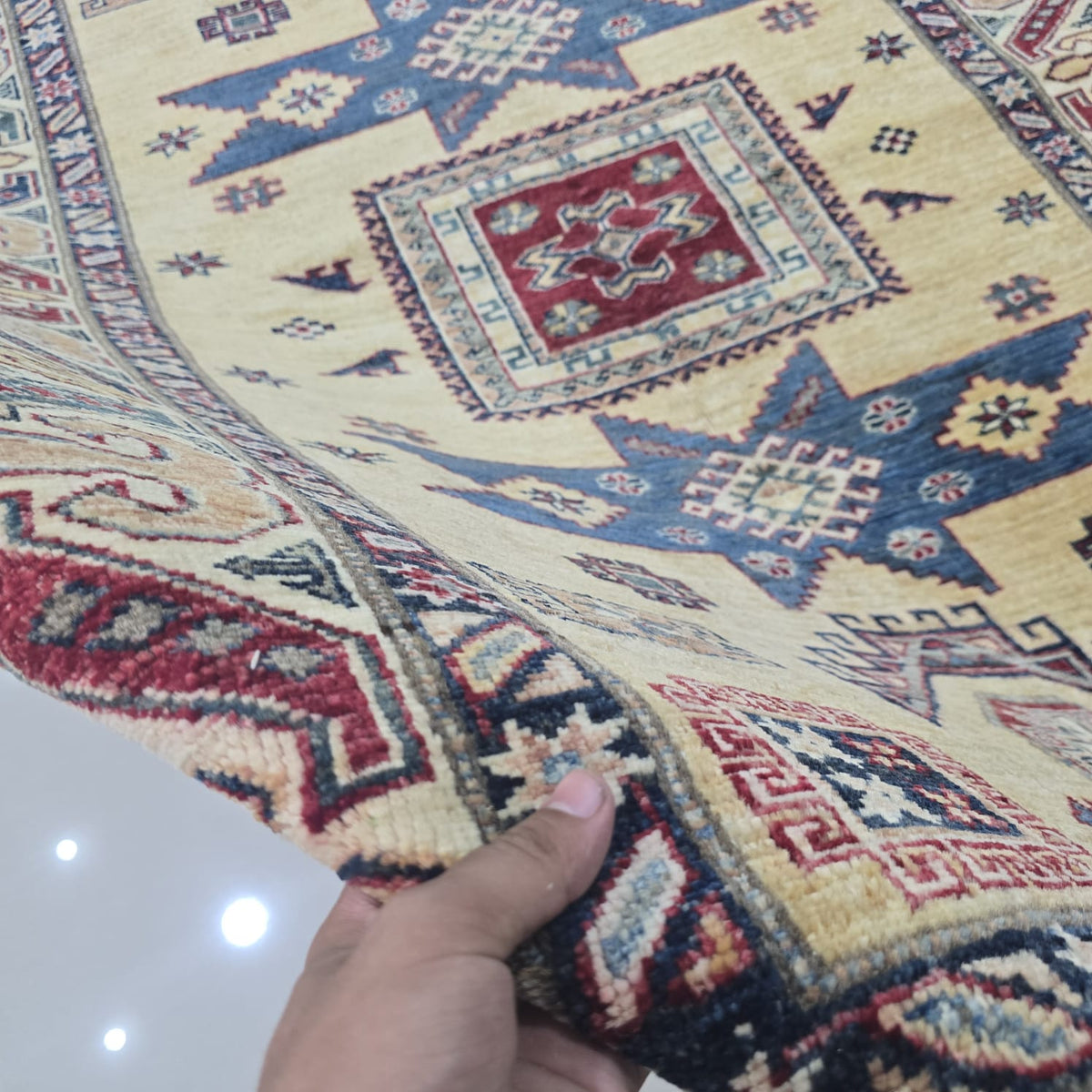 4x6 Golden Super Kazak Geometric Area Rug | Handmade Wool & Cotton Rug