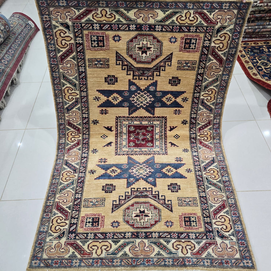 4x6 Golden Super Kazak Geometric Area Rug | Handmade Wool & Cotton Rug