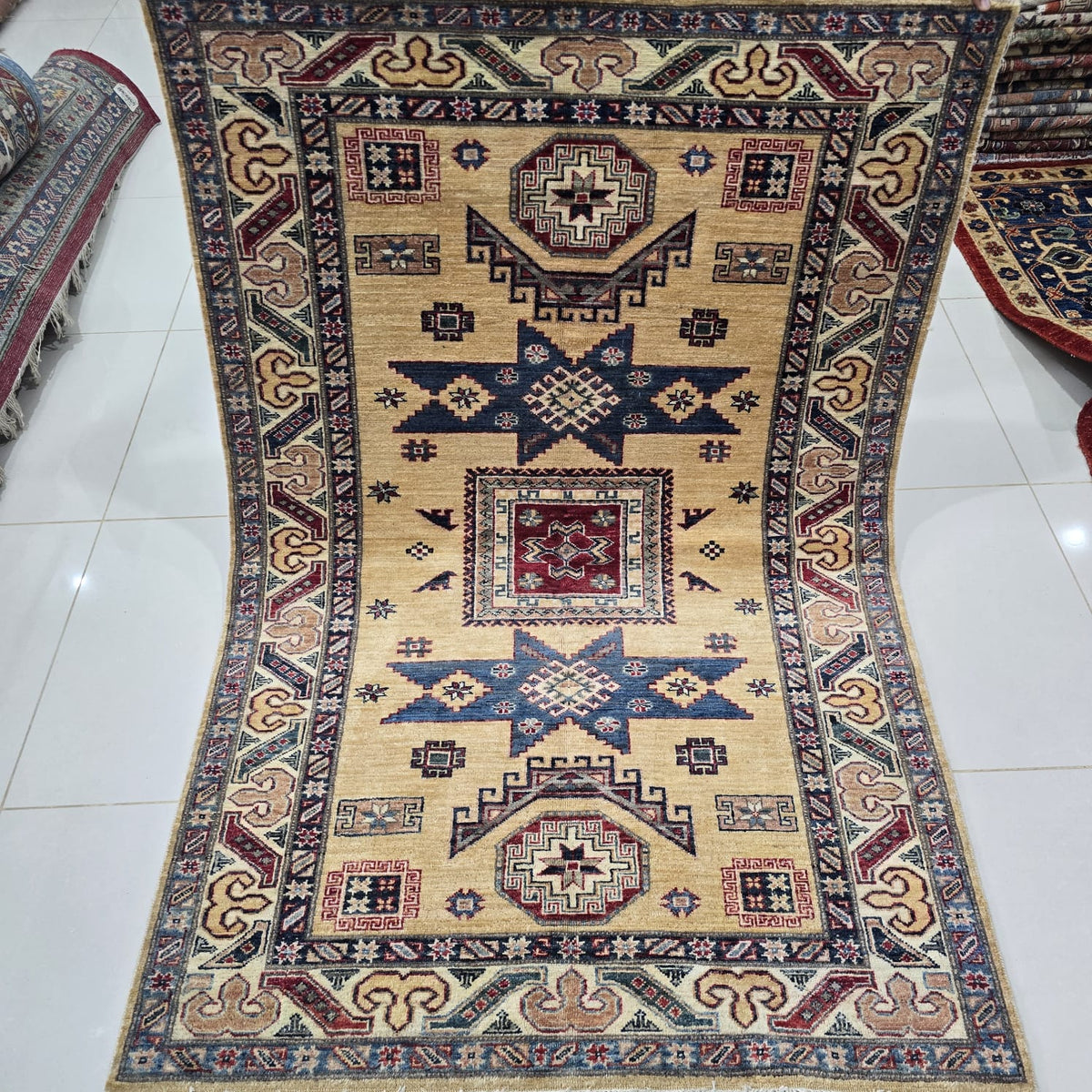 4x6 Golden Super Kazak Geometric Area Rug | Handmade Wool & Cotton Rug
