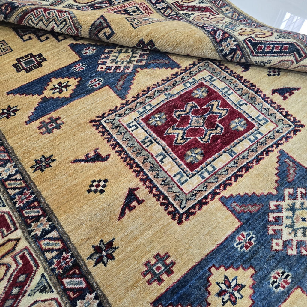 4x6 Golden Super Kazak Geometric Area Rug | Handmade Wool & Cotton Rug