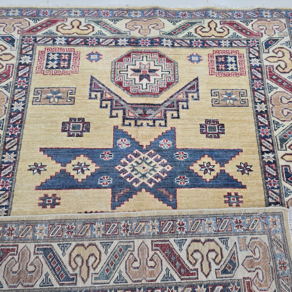 4x6 Golden Super Kazak Geometric Area Rug | Handmade Wool & Cotton Rug